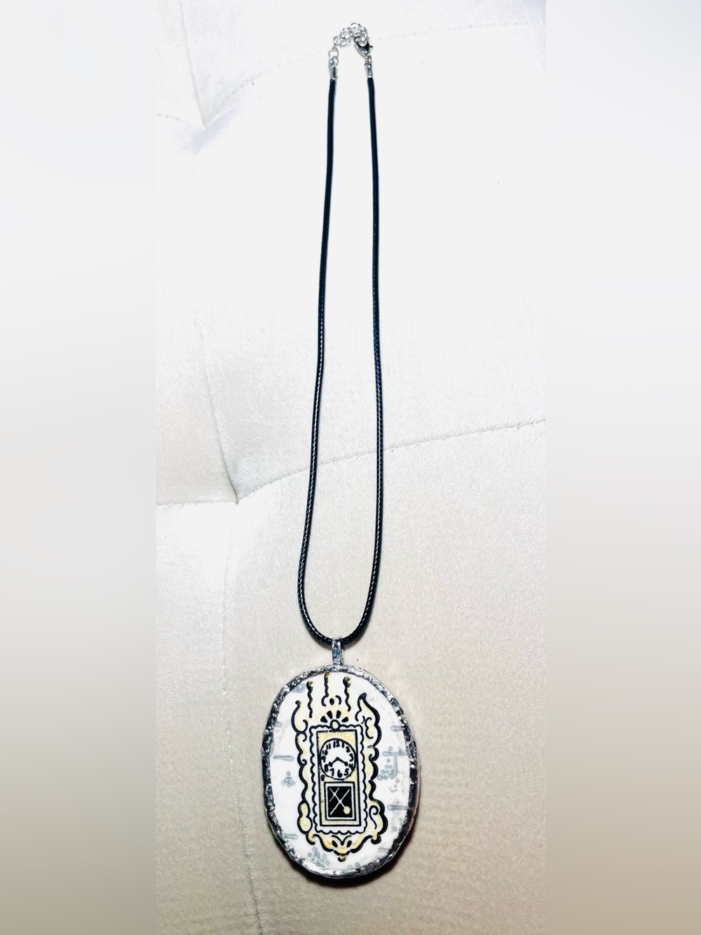 Hand Crafted Vintage Ceramic Cut out Pendant (Clock) Black Leather Cord Necklace
